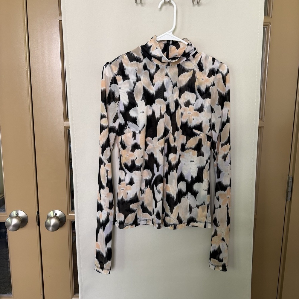 Cabi Womens XS Floral Mesh Turtleneck Long Sleeve Blouse Top Style 4422